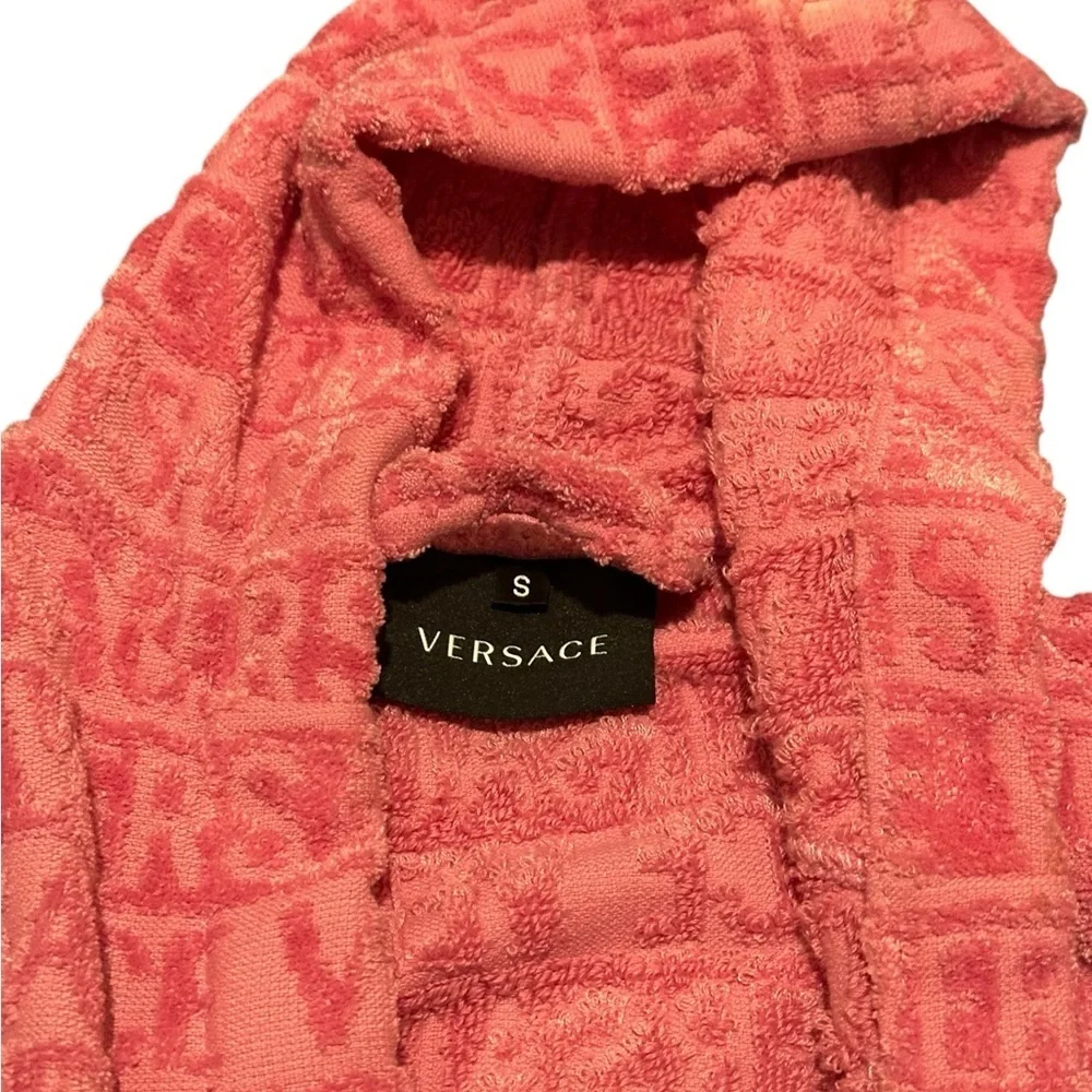 Versace Kids Coral Hooded Pajama Robe with Gold Baroque Trim, pre-owned